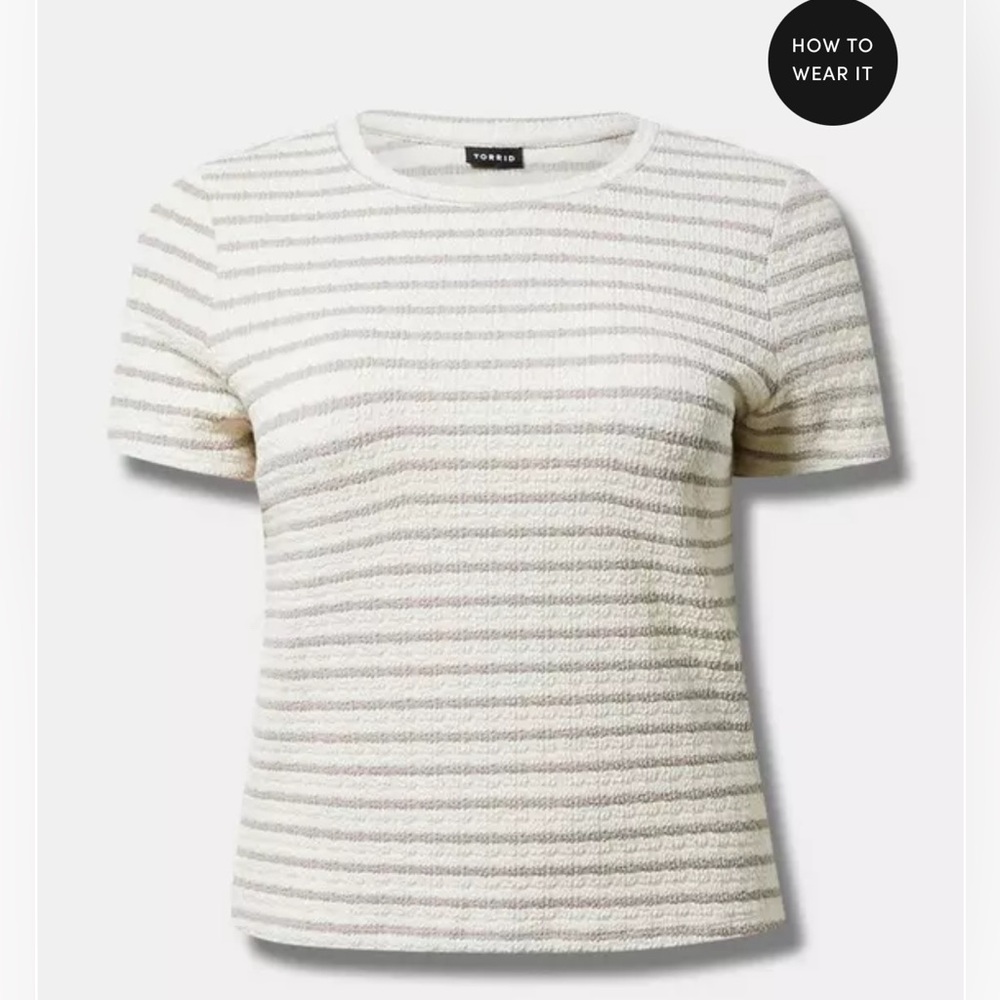 Torrid Textured  Crew Neck Stripe Tee Size  4 (4x) NWT Chambray Khaki And White